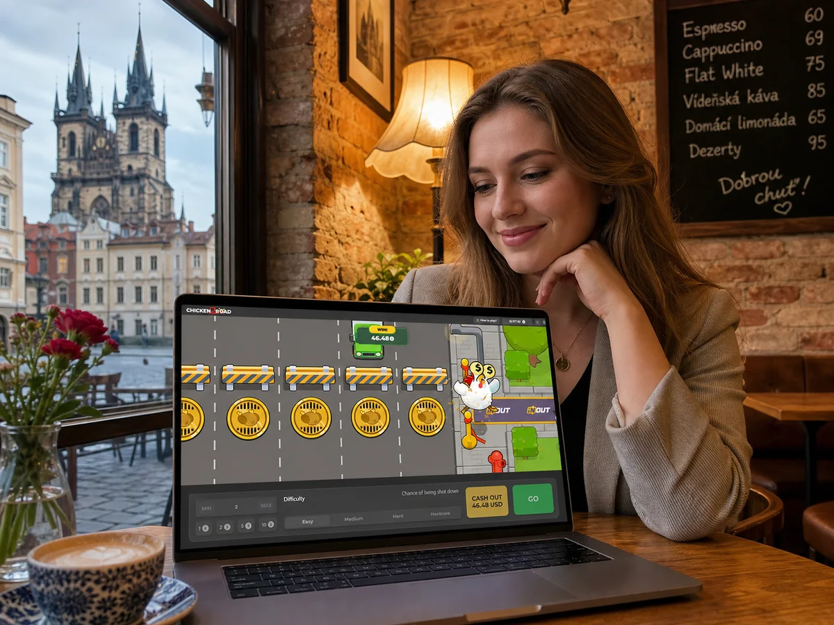 Rozhraní dema Chicken Road Hra se zobrazeným virtuálním zůstatkem, výběrem úrovně obtížnosti a rostoucím násobitelem