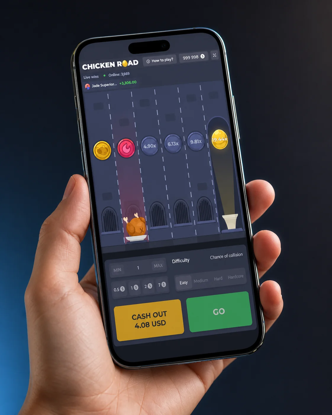 Chicken Road demo showing a cash-out decision mid-round with the multiplier and virtual balance visible