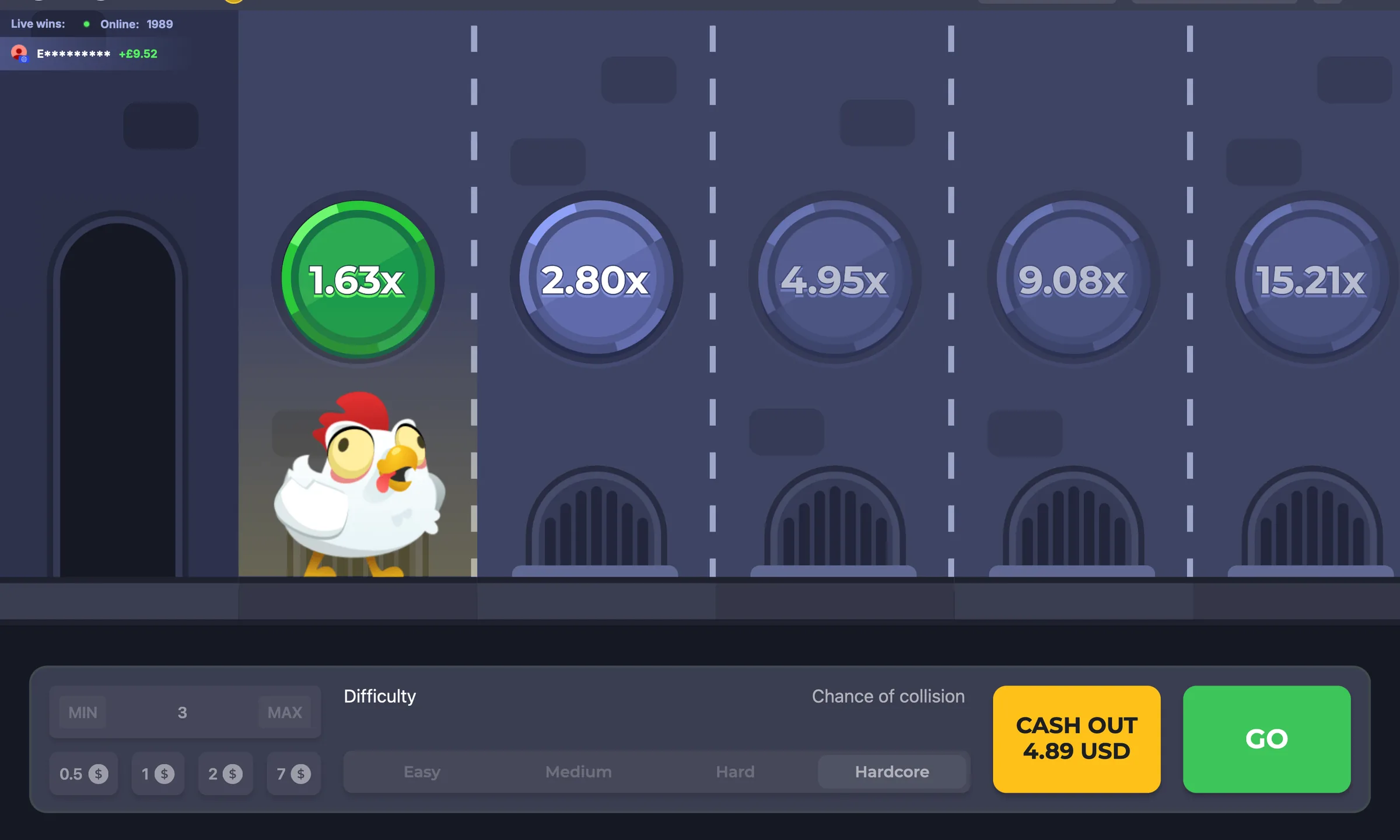 Chicken Road graf obtížnosti - rozložení multiplikátorů Easy / Medium / Hard / Hardcore